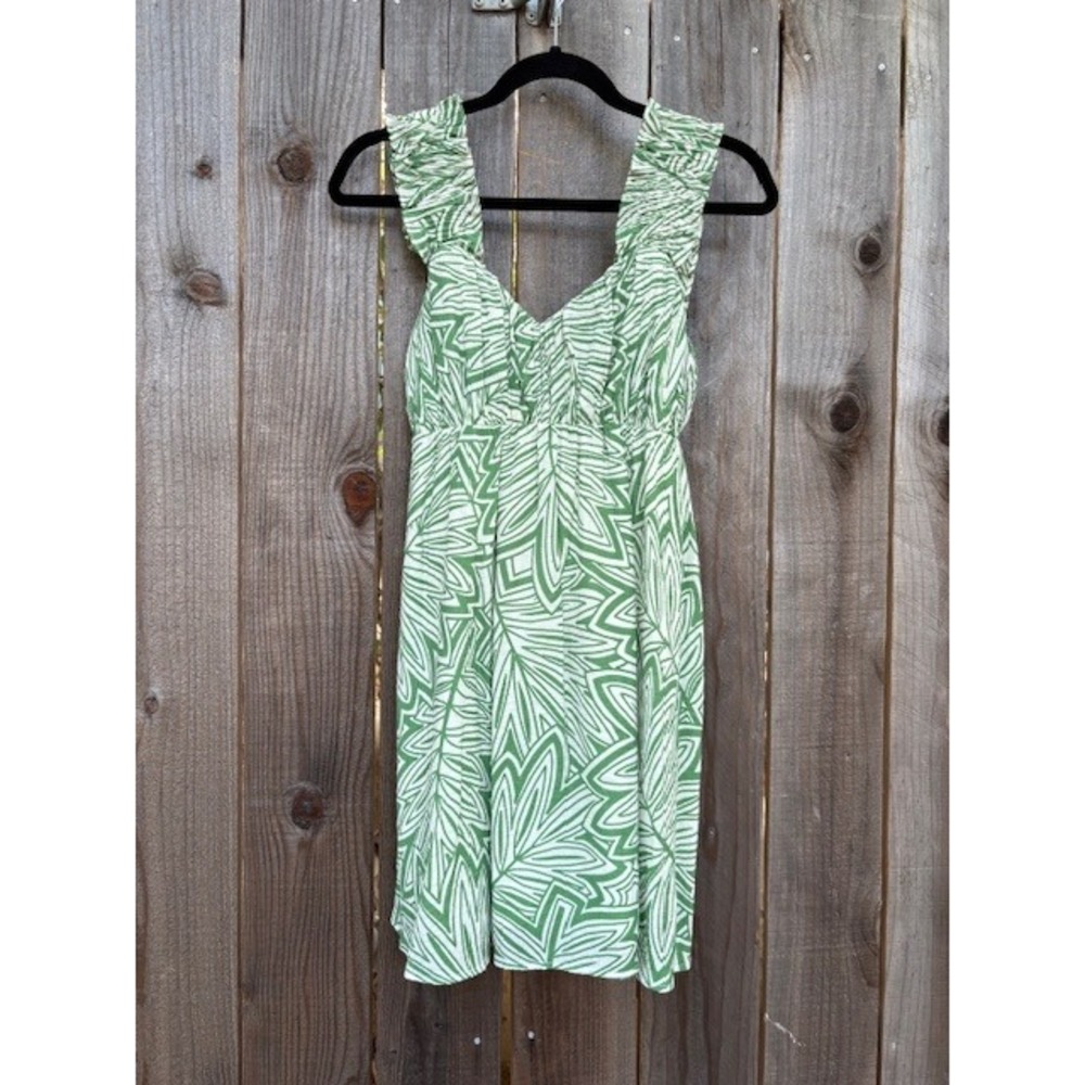 Tru Pepper Green White Leaf Print Dress Sleeveless‎ Ruffle Casual Women's L